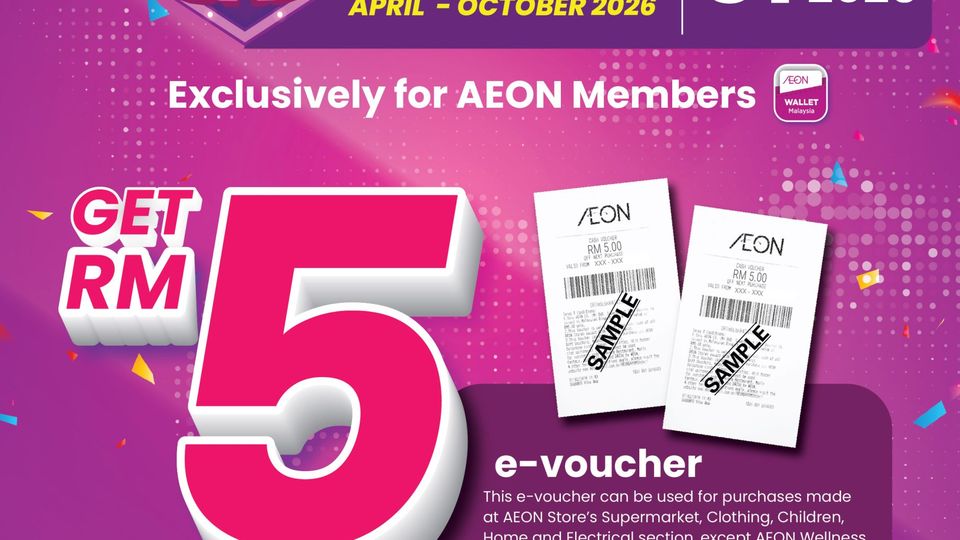 AEON Thank You Day 31 October 2026 poster offering a RM5 e-voucher for every RM80 spent