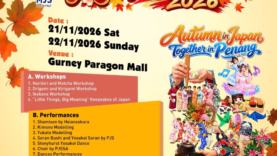 Aki Matsuri 2026 poster: 21–22 November 2026 at Gurney Paragon Mall, with workshop and performance list