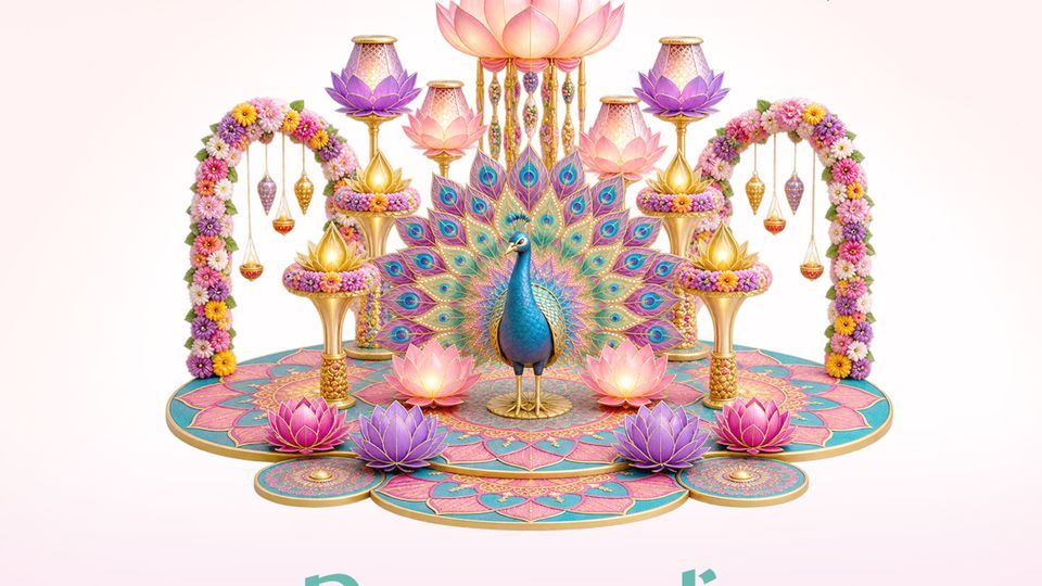 Deepavali in Splendour at Gurney Plaza key visual with a peacock, lotus lamps and floral arches