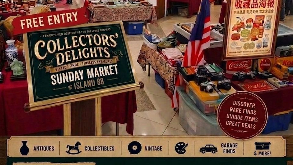 Collectors' Delights Sunday Market poster at Island 88 Mezzanine Floor, 11am to 6pm, free entry