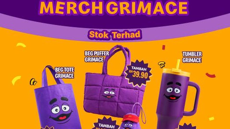 McDonald's Malaysia limited-edition Grimace tumbler, puffer bag, tote bag and plushie