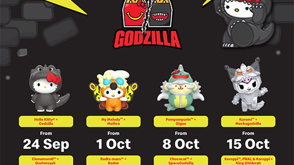 McDonald's Malaysia Hello Kitty and Friends x Godzilla Happy Meal toys promotional artwork