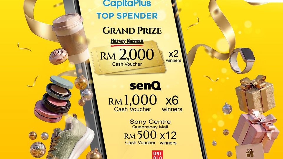 Queensbay Mall CapitaPlus Top Spender prize artwork with Malaysia Mega Sale logo